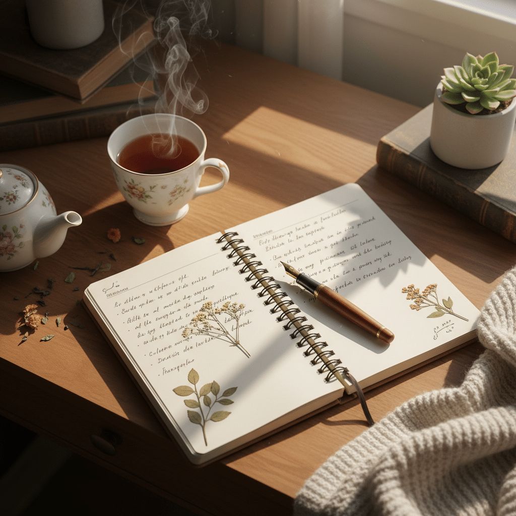 Open journal with pen on a wooden desk beside a cup of herbal tea