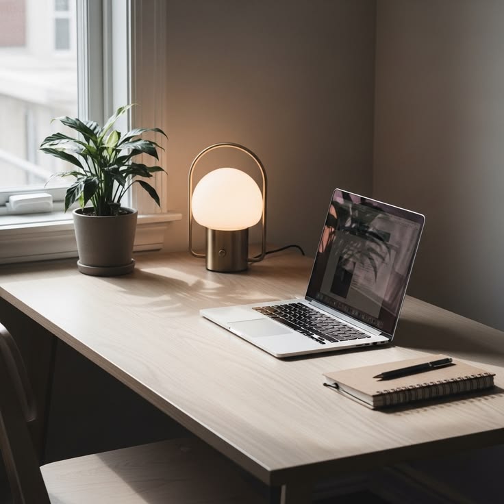 Minimal desk setup with notebook, timer, and natural light from a window